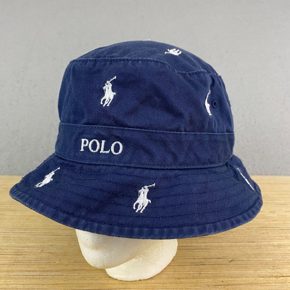 Polo Ralph Lauren Pony Embroidered Navy Blue Bucket Hat Adult Size S/M AOP